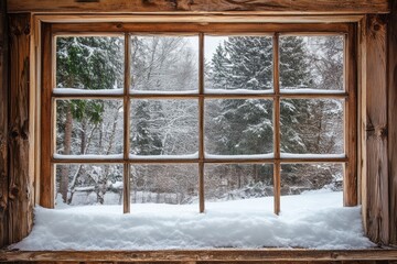 Wooden Window Frame Showing Snowy Winter Landscape