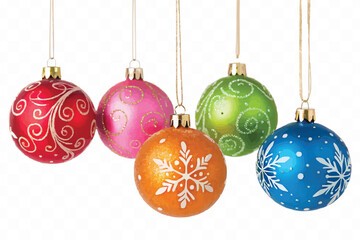 abstract 3d christmas ornament balls on ribbon with bow isolated on a white background