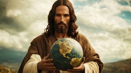 Jesus Holding a Globe Against a Dramatic Sky