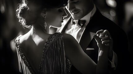 Elegant couple dancing in a glamorous setting with shimmering lights and graceful movements in a classic monochromatic style