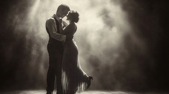 Close-up of a glamorous couple dancing in evening attire under elegant black-and-white lighting