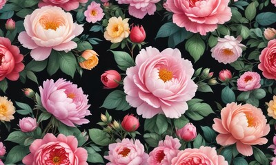 Fototapeta premium Hand-painted pattern of colorful blooming roses and peonies, colorful, flowers