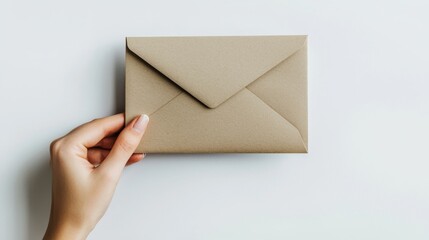 Fototapeta premium Delicate Hand Presenting Blank Envelope or Letter on Minimal Background