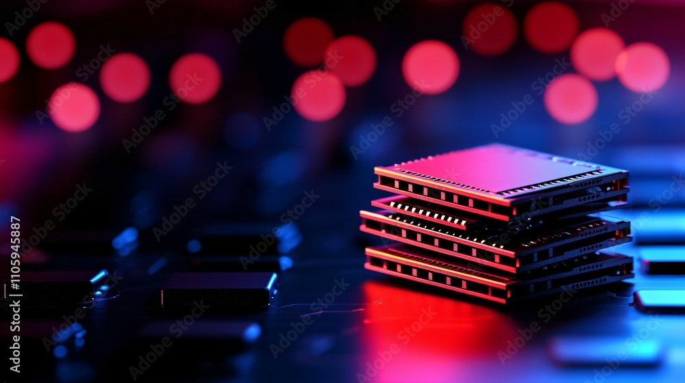 Poster concept of programming and technology, dark environment. stacked computer chips with colorful blurre