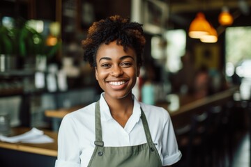 Fototapeta premium Smiling portrait of a young female waitress in cafe