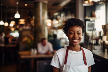 Obraz premium Smiling portrait of a young female waitress in cafe