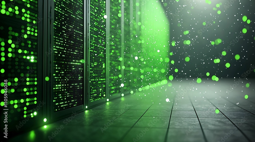 Poster concept of programming and technology, dark environment. digital data center with glowing green part