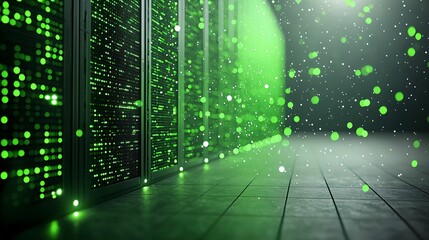 Concept of programming and technology, dark environment. Digital data center with glowing green particles in a dark environment.