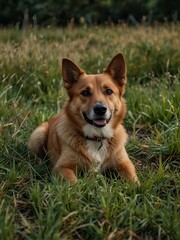 Dog resting in tall grass, looking at the camera.