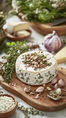 a table with a wheel of cheese front and center, product photography