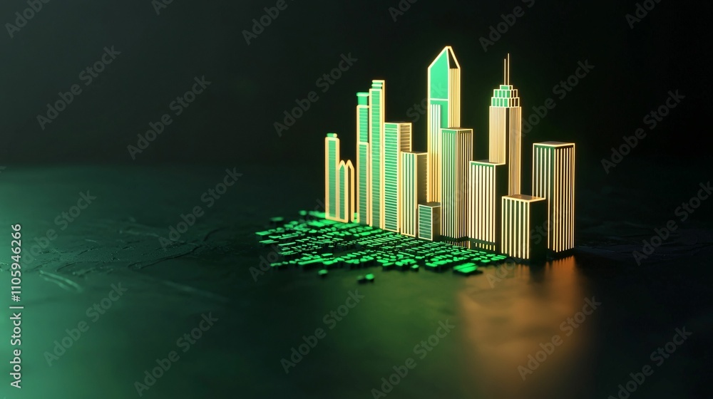 Poster concept of programming and technology, dark environment. digital city skyline with glowing buildings