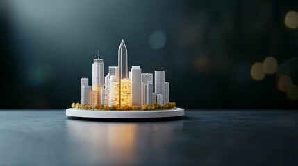 Concept of programming and technology, dark environment. Miniature cityscape model with illuminated buildings on a dark background.