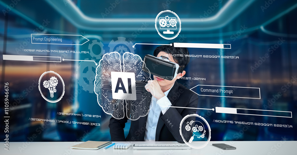 Poster business man with goggles working while using ai technology. project manager with formal suit checki