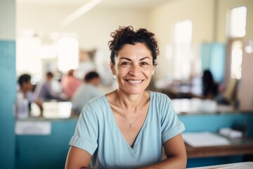 Obraz premium Portrait of a female volunteer working in sunny community center