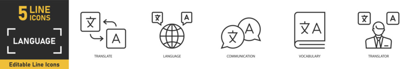Fototapeta premium Language line icon set. Set of 5 outline icons related to translate, language, communication, vocabulary, translator and more. Vector illustration.