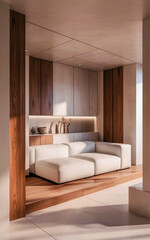 Luxurious yet minimalist living room featuring elegant furniture warm tones and ambient lighting.