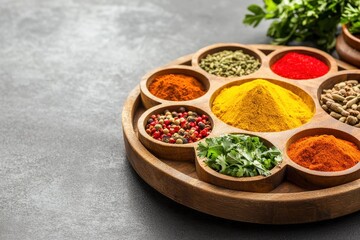 Vibrant Collection of Spices in Decorative Wooden Tray