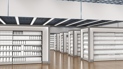 Supermarket interior mockup with illuminated shelves and blank goods, white billboards and wooden floor. 3d illustration