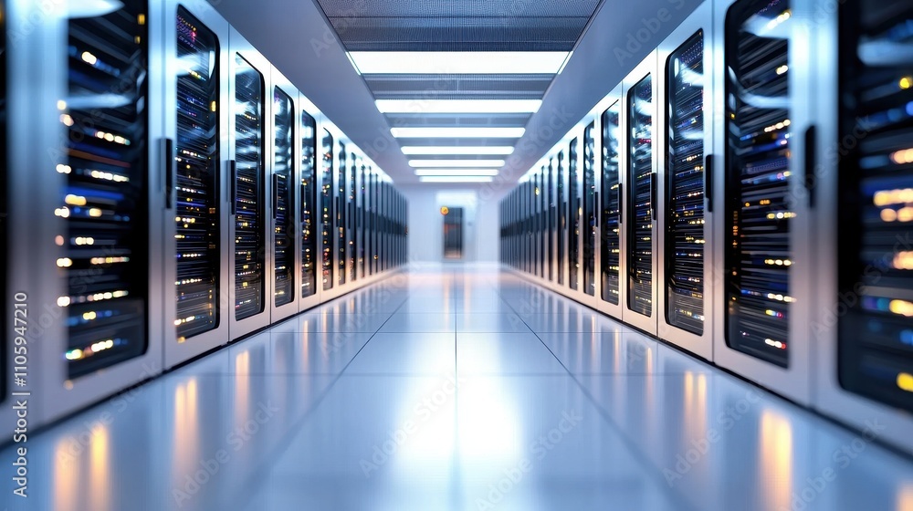 Poster modern data center interior with rows of server racks and led lights