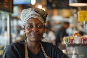 Obraz premium Middle aged African American female fast food worker