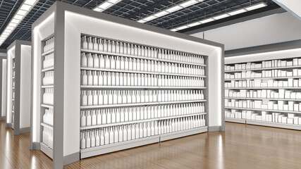 Mockup of supermarket interior with shelves with blank goods and lighting, wooden floor. 3d illustration © Wire_man