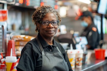 Fototapeta premium Middle aged African American female fast food worker