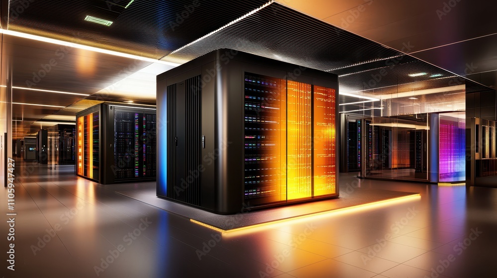 Poster modern data center with colorful server racks and ambient lighting