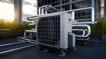A robust industrial air conditioning unit on a rooftop, connected by a network of visible metal pipes and surrounded by other building equipment under warm sunlight