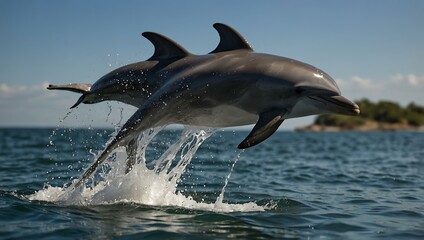 Fototapeta premium Dolphin leaping from the water, creating a spray of droplets.