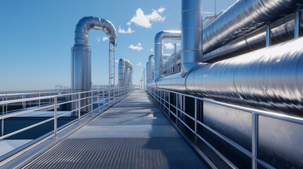 Fototapeta premium A close-up of an industrial HVAC unit on a rooftop, with visible ducting, metallic panels, and surrounding safety rails, framed by a clear, sunny sky