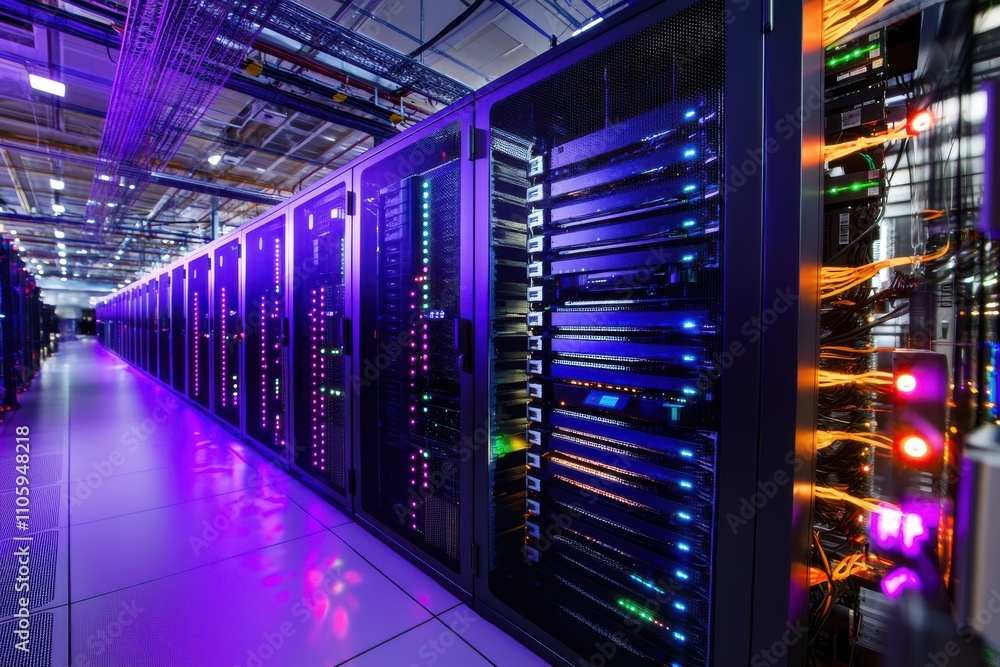Poster modern data center with high-tech server racks and colorful lights