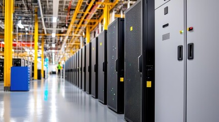 Modern Data Center Interior with Server Racks and Wiring Infrastructure