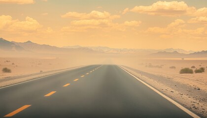 Naklejka premium Endless road through a hazy desert landscape.