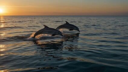 Obraz premium Dolphins swimming gracefully in the ocean at sunrise.