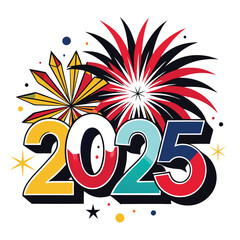 2025 New Year Celebration Clipart - Vibrant Fireworks and Festive Design