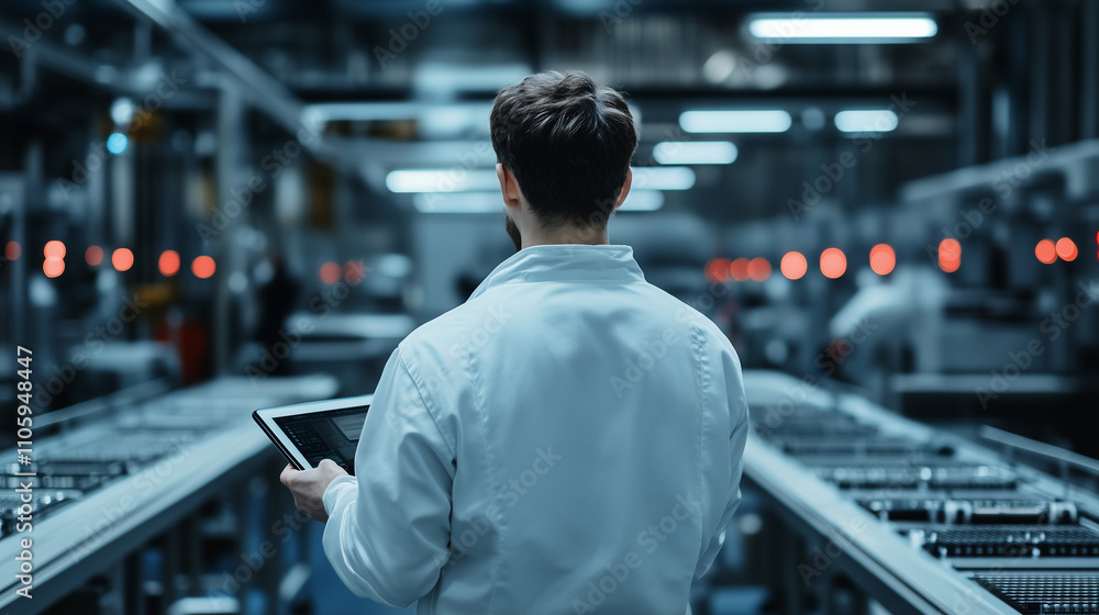 Poster a back view of an engineer holding a tablet, analyzing data in a modern factory filled with machiner