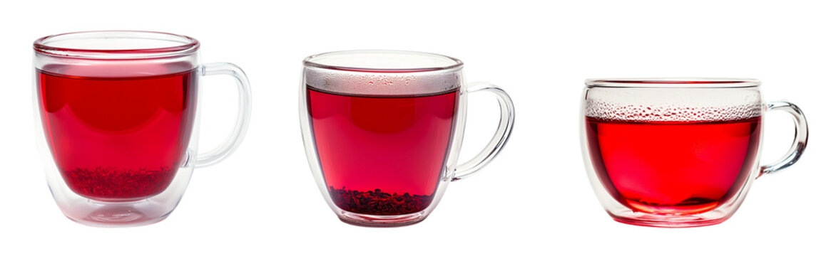 Collection of glass cup of red tea isolated on white or transparent background, cutout PNG