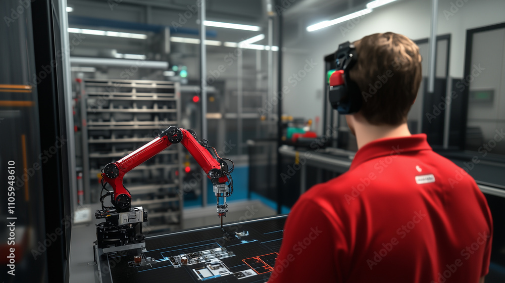 Poster an engineer observing a robotic arm assembling components, with safety barriers and tool racks visib