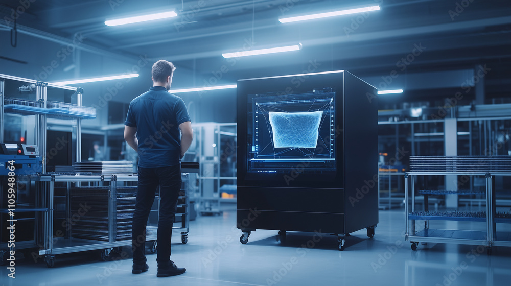 Poster an engineer standing near a massive 3d printer in a factory, observing its operation while surrounde