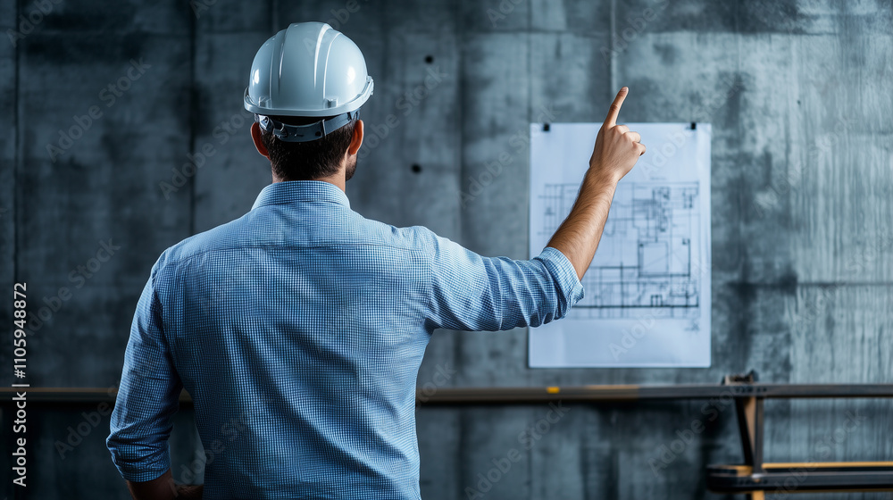 Poster a back view of an engineer pointing towards a blueprint pinned on a wall, with large industrial mach