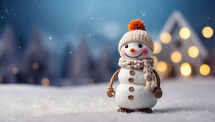 Fototapeta premium Tiny Snowman Shines in Winter's Glow