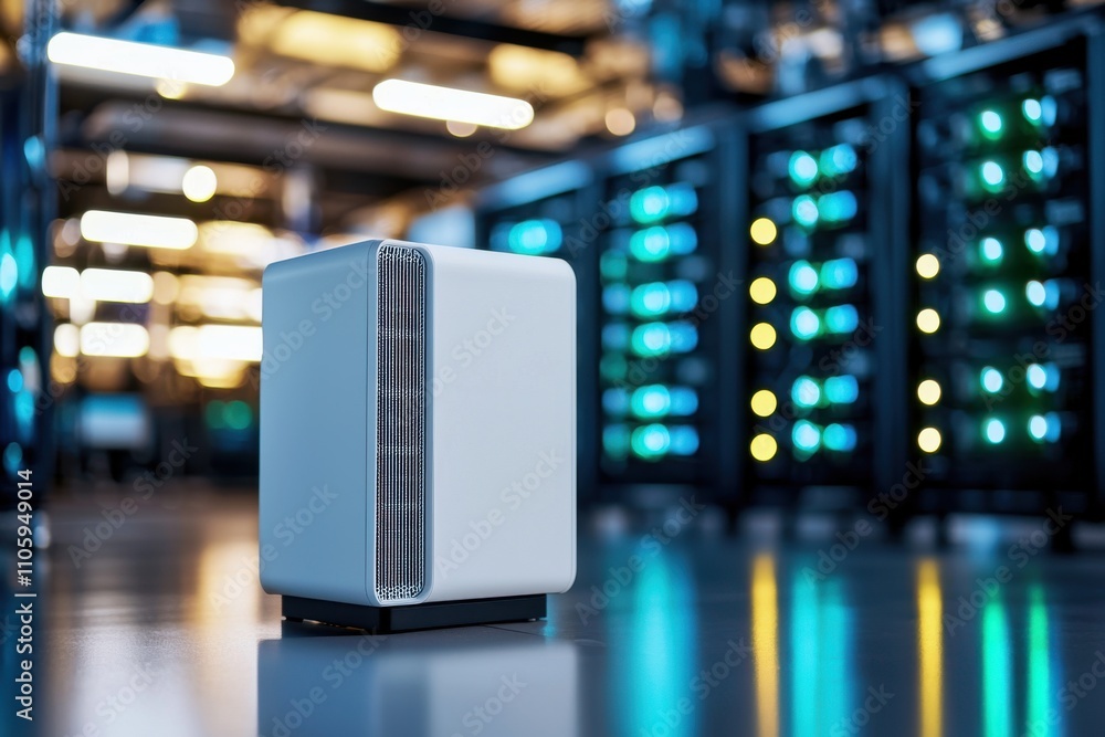 Poster modern data center with high-tech white server in focus