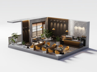 Perspective room minimal cafe store open inside interior architecture 3d rendering	
