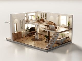 Perspective view living room muji style open inside interior architecture 3d rendering	
