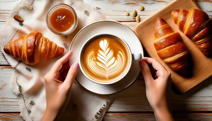 Kobiece dłonie trzymające filiżankę cappuccino. Obok filiżanki croissanty i dżem. Słodkie śniadanie