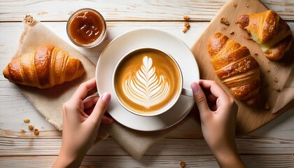 Kobiece dłonie trzymające filiżankę cappuccino. Obok filiżanki croissanty i dżem. Słodkie śniadanie