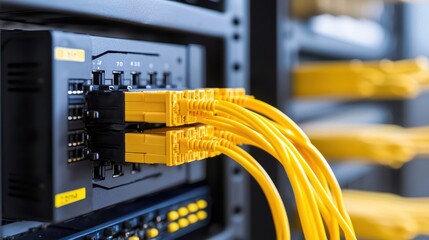 Yellow Fiber Optic Cables Connected to Network Switch in Data Center