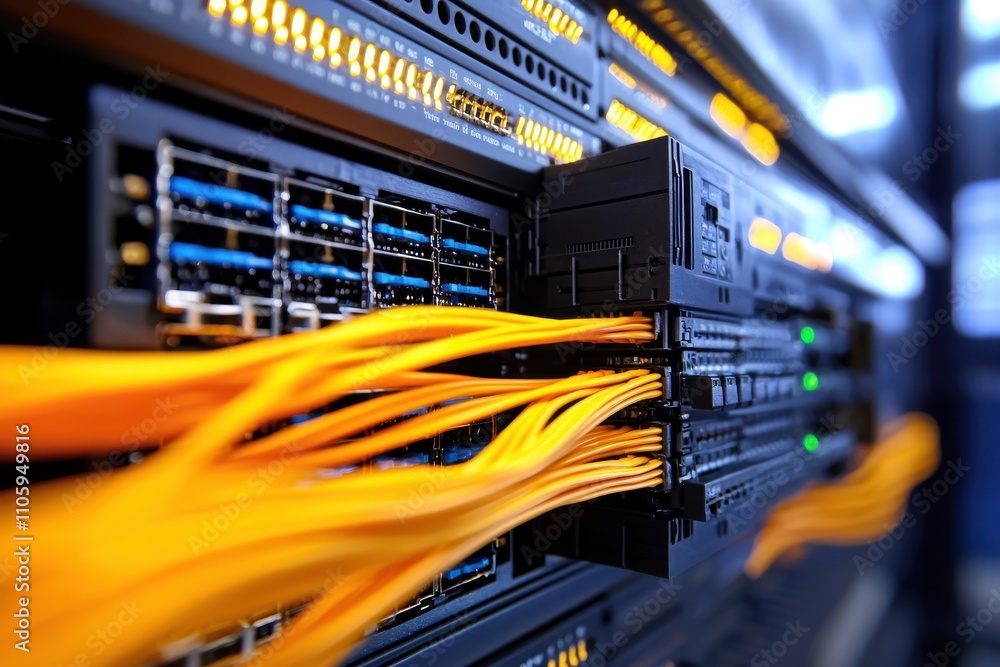 Poster close-up view of server rack with yellow network cables and lights