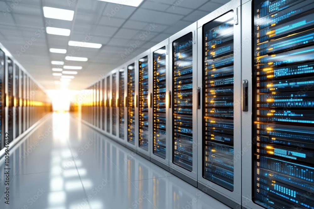 Poster modern data center interior with rows of server racks