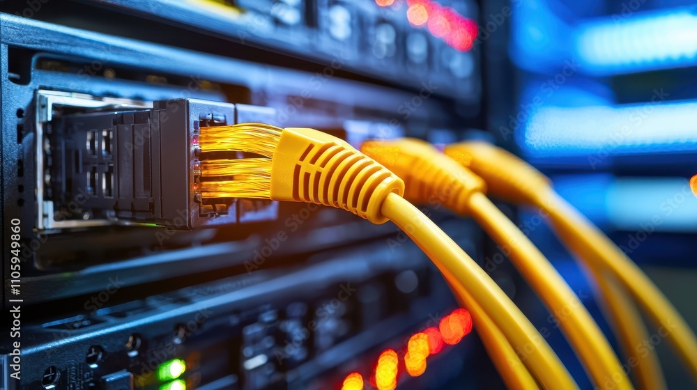 Aufkleber close-up of network cables connecting to a server in data center